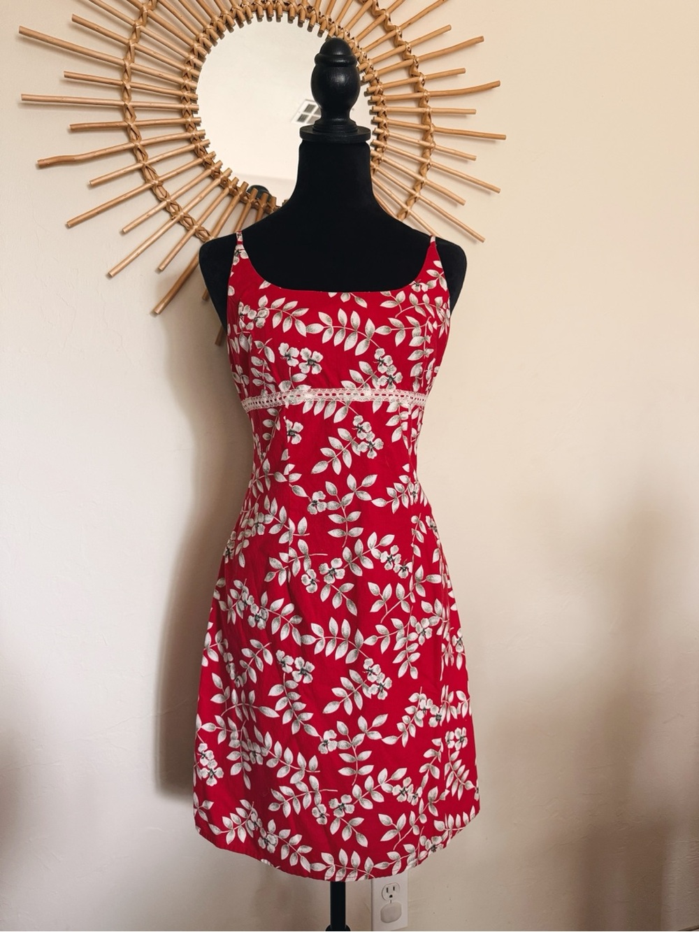 Red Floral Sundress with White Leaf Print